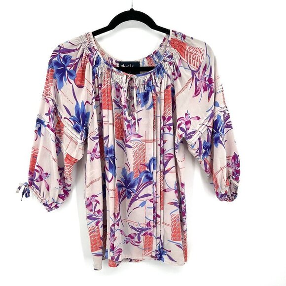 YUMI KIM Purple Orange Floral Print 100% Silk Pleated Wide Sleeve Blouse Small - Picture 1 of 6